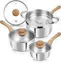 KOCH SYSTEME CS Stainless Steel Saucepan Set with Steamer, 18/10 Stainless Steel Pots 1QT& 2QT & 3QT, Sauce Pan Set with Cool-Touch Handles, Tri-Ply Steel Base, Induction Compatible Pots