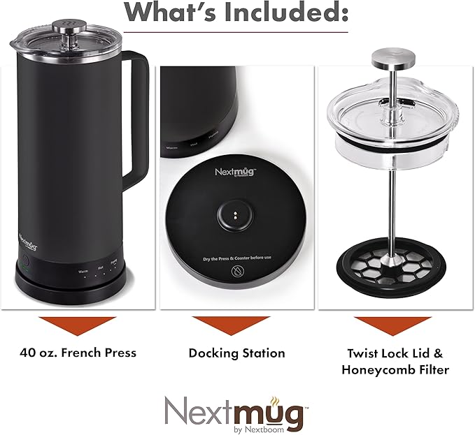 Nextmug Press - Temperature-Controlled, Self-Heating French Press (Black - 40 oz.)