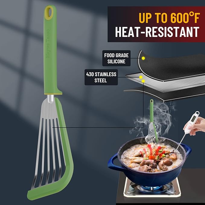Fish Spatula,600℉ Heat Resistant Silicone Fish Spatula with Basting Brush,for Nonstick Cookware,Flexible Slotted Fishs Turner Spatulas,BPA Free,Dishwasher Safe(Green)