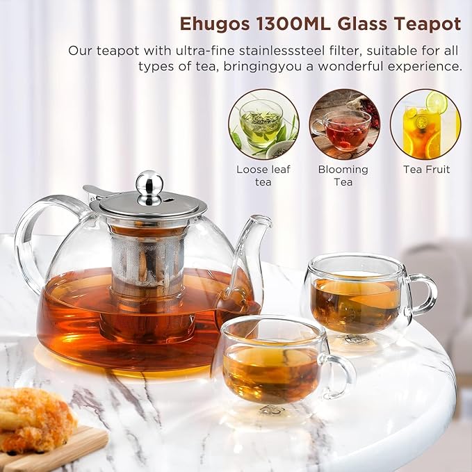 Glass Teapot, 1300ml/44 oz Stovetop Safe Glass Teapot with Removable Stainless Infuser for Loose Leaf Tea, Hot/Iced Water, Juice Beverage