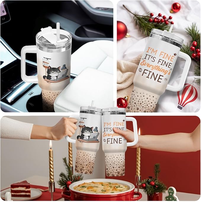34HD Tuxedo Cat Tumbler 40oz Stainless Steel with Handle and Straw, It's Fine I'm Fine Mug, Funny Cat Travel Mug, Mothers Day Gifts for Tuxedo Mom