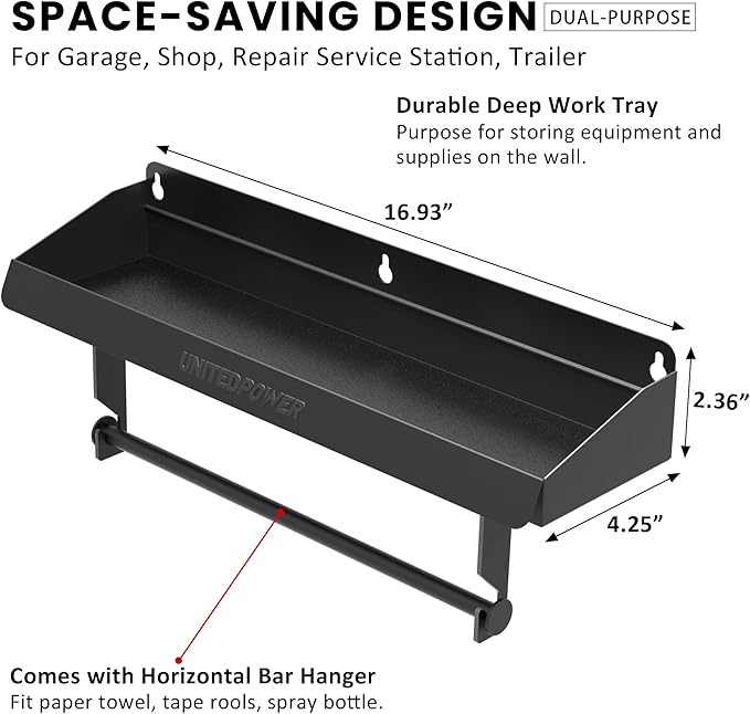 UNITEDPOWER Hand Tool Tray with Paper Holder, 2-in-1 Wall Mount Hardware Small Tools Rack, Storage Organizer for Workshop, Shed, Garage, Holds 40 lbs
