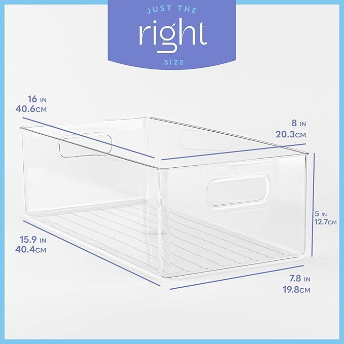 primebox Plastic Food Storage Clear Container Bin with Handles for Organizing Kitchen, Pantry, Refrigerator, Freezer, Pantry, Cabinet, Closet, Bathroom. 16”x8”x5”