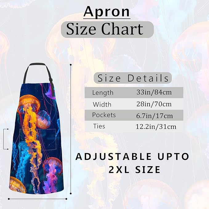 Colorful Jellyfish Apron,Oxford Fabric Adjustable Kitchen Apron with 2 Pockets,Waterproof Cooking Aprons for Men Women Mom Wife Dad,Ideal Gifts for Coffee,Shop,Baking,BBQ,Housewarming,28x33in
