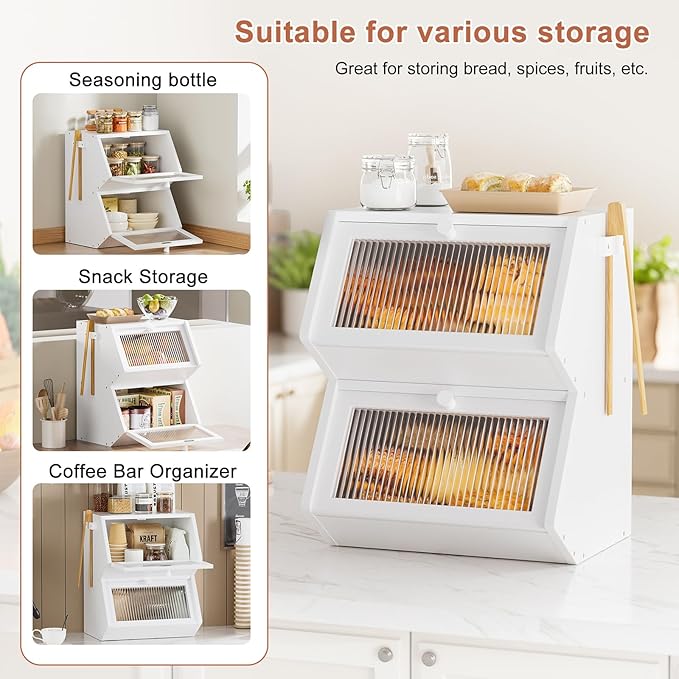 WOWLIVE Double Layer Bread Box for Kitchen Countertop, Large Bamboo Bread Storage Container for Homemade Bread, Farmhouse Bread Holder for Kitchen Counter Cabinet, Pantry, Cupboard (White, Medium)