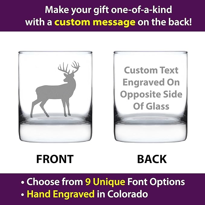 Custom Deer Personalized Whiskey Rocks Glass - Cabin Themed Gifts or Rustic Decor for Men and Women - Fun Whisky Drinking Tumbler - 10.25 oz