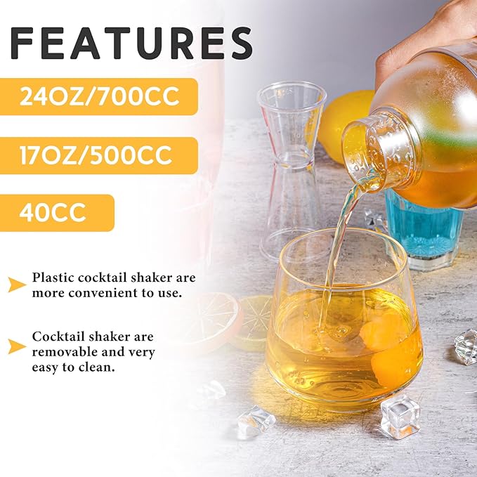Uiifan 6 Pcs Plastic Cocktail Shaker Set 4 Pcs 17 oz 24 oz Hand Drink Mixer and 2 Ounce Cup with Measurements Mixing Tool for Bar Party Tea Coffee Milk