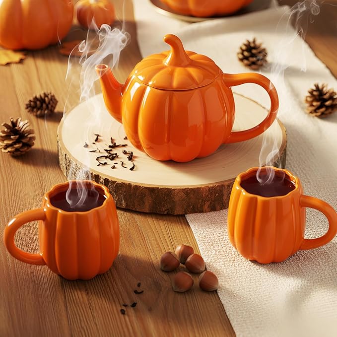 Mimorou Thanksgiving Pumpkin Tea Set Ceramic Teapot with 2 Mugs and Tea Mug Orange Ceramic Pumpkin Shaped Teapot Set for Thanksgiving Halloween Christmas Birthday Gift