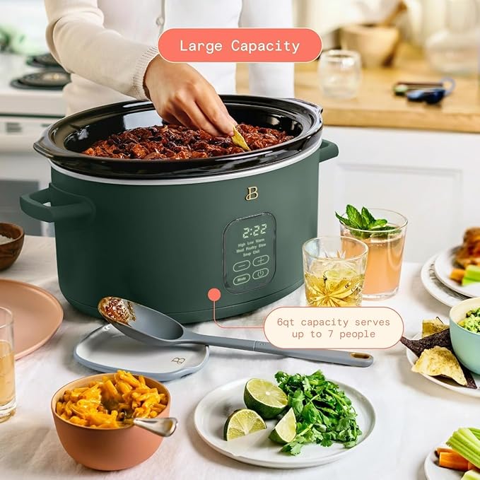 Beautiful 6 Qt Programmable Slow Cooker with Touch Control, Digital Timer and Keep Warm Function – Large Electric pot Capacity Kitchen Appliance by Drew-Barrymore (Thyme Green)