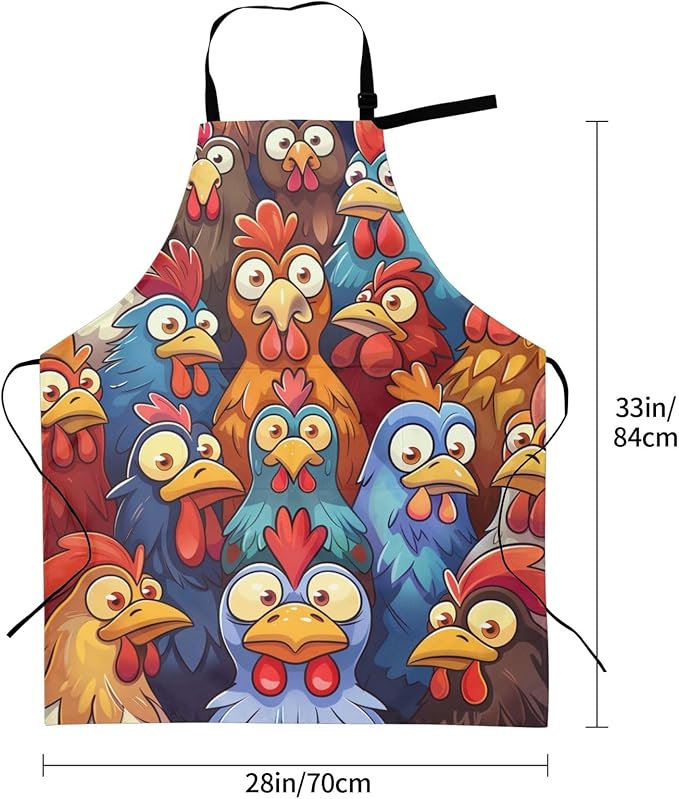 Funny Chicken Cartoon Apron for Men Women, Waterproof Kitchen Cooking Bib with Adjustable Neck and Pocket, Colorful Farm Rooster Theme Chef Apron Gifts for BBQ, Baking, Gardening, and Home Decor