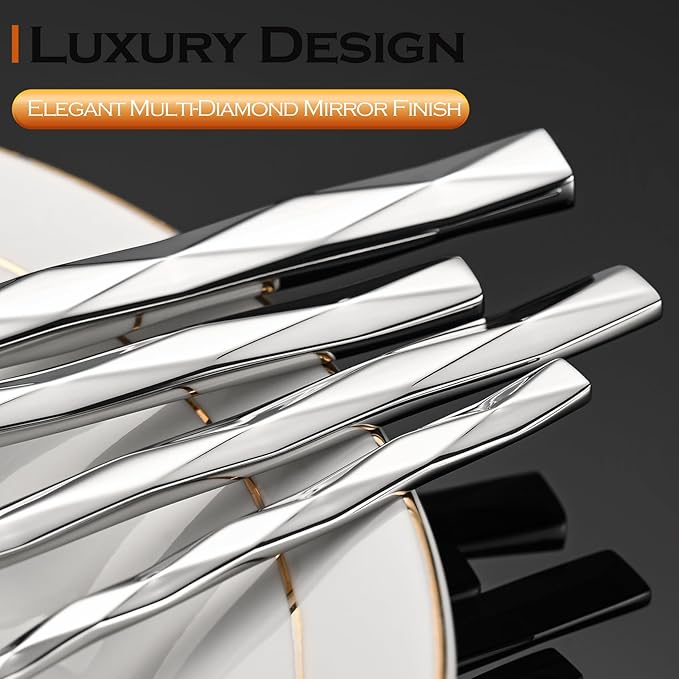 Silverware Set, Luxury 20-Piece Flatware Set for 4, Cutlery Set Stainless Steel, Diamond Cut Pattern, Home, Wedding & Party, 18/10 Stainless Steel Tablewaret & Dishwasher Safe Utensils.