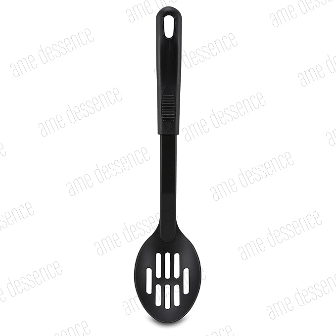 AME D'ESSENCE Slotted Cooking Spoon 11 1/2 inch Black Nylon 410ºF Heat Resistant Serving Spoon with Ergonomic Handle Kitchen Gadgets for Straining