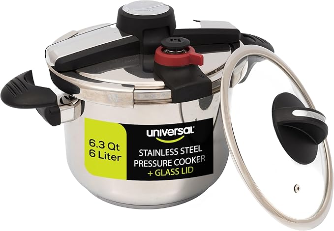 Universal (6.3 Qt/6 Liter) Silver Express Pressure Cooker + Extra Glass Lid, (15 PSI/100 kPa) with Easy Opening System, Ultra Safe Stainless Steel Pressure Cooker