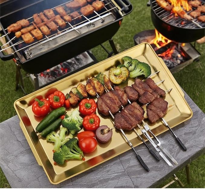 16.3" x 11" Large Serving Platters, Stainless Steel Heavy-Duty Large Serving Trays, Gold Rectangular Plates for Food, Fruit, Party, Wedding, Christmas, Chip and Scratch Resistant