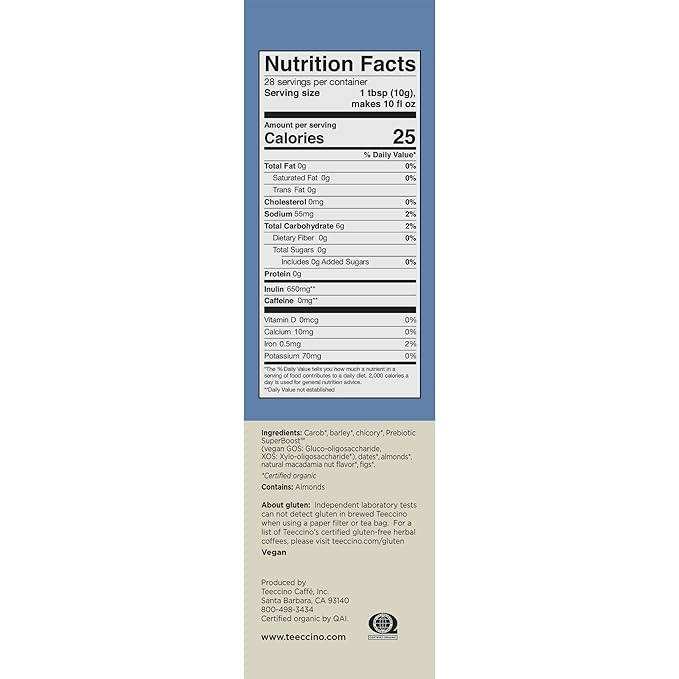 Teeccino Macadamia Nut Prebiotic SuperBoost™ Coffee Alternative - Support Your Probiotics with Caffeine-Free Herbal Coffee Featuring 3 Vegan Prebiotics for Good Gut Health & Regularity, 10 Ounce