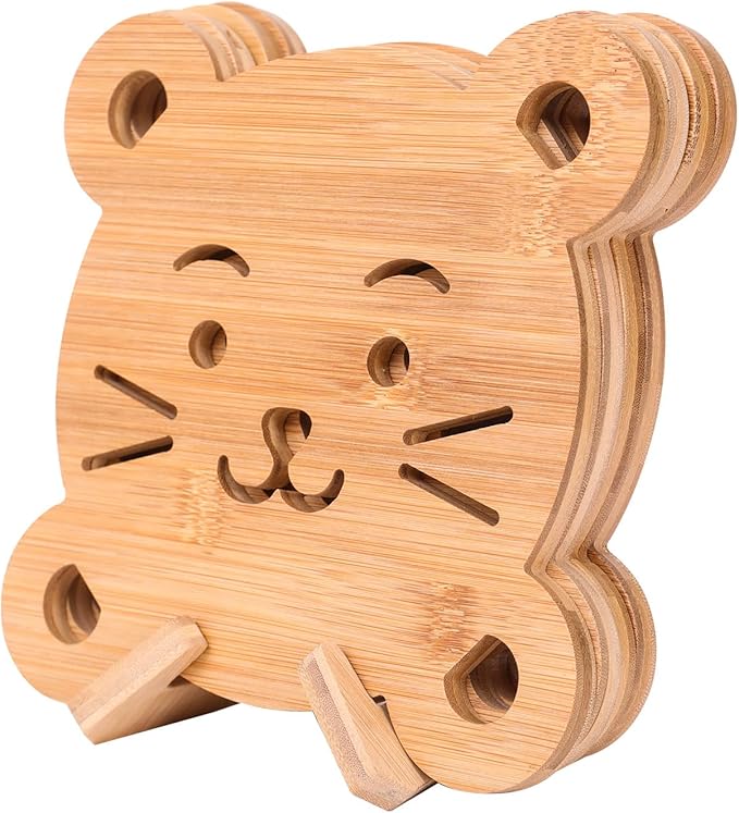 7.4x7.4 Inch Bamboo Trivets for Hot Pots & Coffee Mugs - 3-Layer Heat Resistant Wooden Coasters with Non-Slip Feet, 4-Pack + Holder (Wildlife)