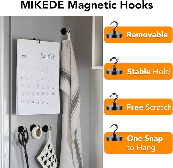 MIKEDE Magnetic Hooks, 170LB Super Strong Magnet Hooks Heavy Duty for Cruise Essentials, Black Neodymium Earth Magnets with Hook for Hanging, Magnetic Metal Hanger for Fridge, Toolbox - 4 Pack