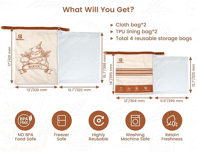 Sourdough Bread Bags, 2 Sets Detachable Bread Storage for Homemade Sourdough, Reusable Linen Food Storage with Lining & Triple Lock for Fresh Keeping, BPA Free, Christmas Baking Gifts