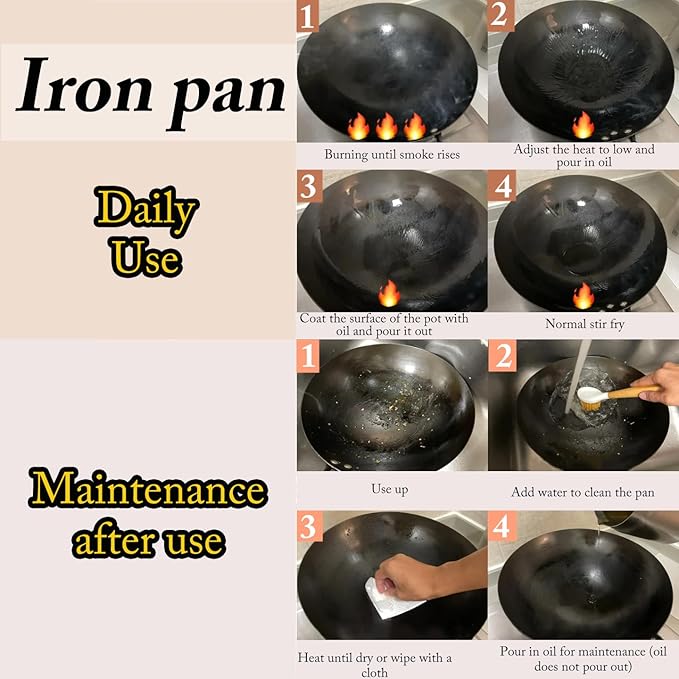 14 Inch Chinese Hand Hammered Iron Wok and Stir Fry Pans with Wooden Handle and Lid Round Bottom Wok Pan Non-stick No Coating Ideal for Home Use and Gift Giving