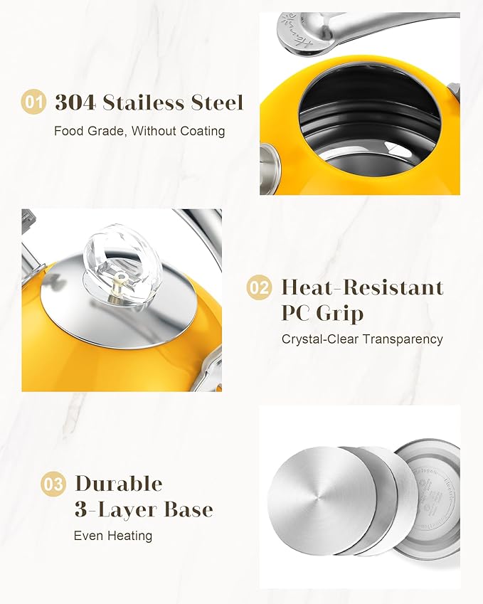 Harriet Tea Kettle Stovetop, 2.5 QT Whistling Stainless Steel Teapot, 3-Layer Base, Unique Ergonomic Handle, Includes Pot Holder & Mat, Electric/Induction/Gas Stovetops Applicable, Yellow