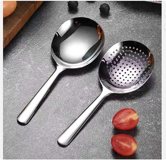 Skimmer & Ladle Set, Korean Style Serving Ladles, 1x Serving Ladle Spoon, 1 x Skimmer with hole, Stainler, 18/10 Stainless Steel, 7Inch Length, Silver, Korean Mukbang, Ramen