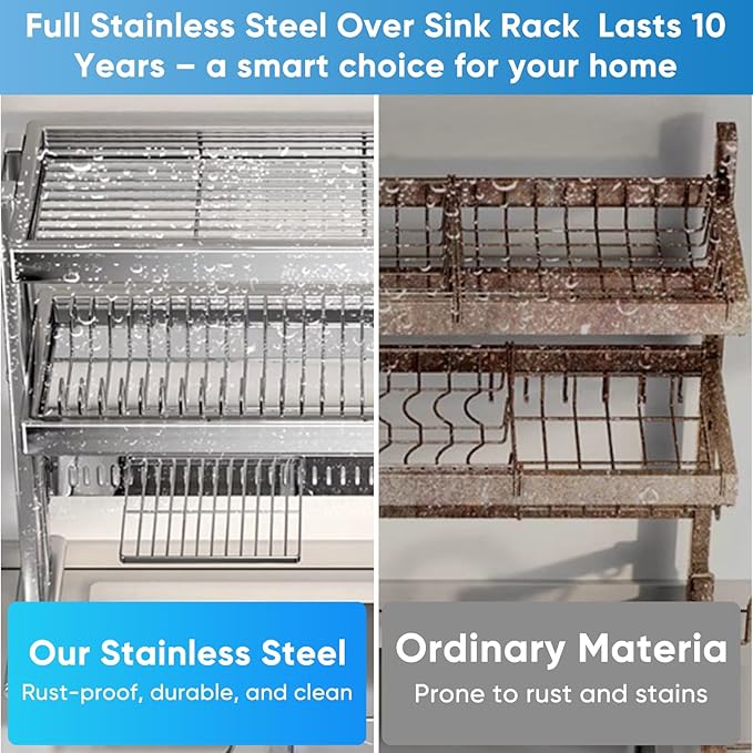Large Over The Sink Dish Drainer Drying Rack，2 Tier Large Capacity Stainless Steel Dish Drying Rack Over Sink, Multifunctional Kitchen Organizers and Storage Dish Rack 304 Silver, Double Layer)