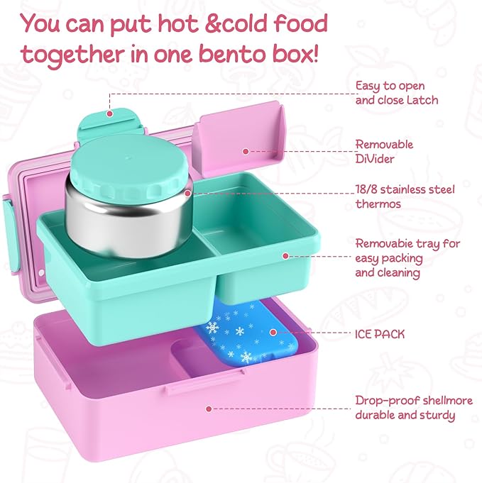 Kids Bento Lunch Box – 12 oz Stainless‑Steel Soup Thermo & 3‑Compartment Leak‑Proof Food Container with Built‑In Ice Pack, Insulated Food Jar for Boys & Girls, School & Travel