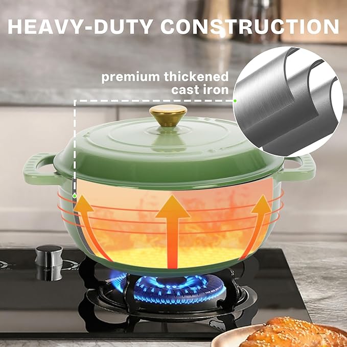 ROVSUN 5 Quart Enameled Cast Iron Dutch Oven with Lid, Dual Handles, Oven Safe up to 500°F or on Stovetop, Compatible for Braising, Stews, Roasting, Bread Baking- Sage Green