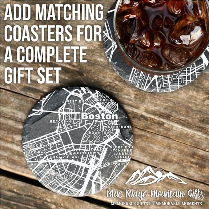 Blue Ridge Mountain Gifts - Boston Souvenir - Massachusetts Glassware Gift, Etched City Map, Laser Engraved and Dishwasher Safe
