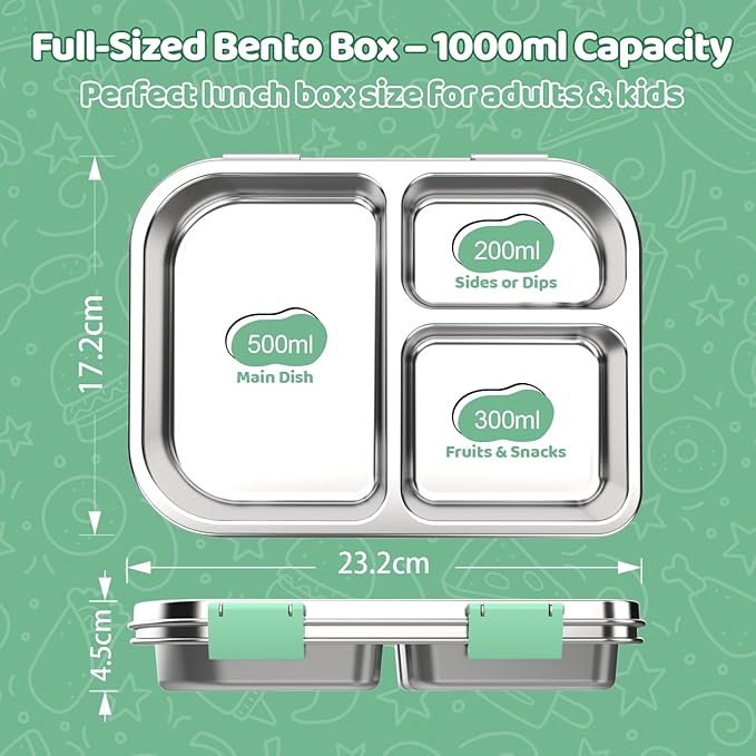 Stainless Steel Lunch Box 1000ml - 3 Compartment Bento Box for Kids & Adults, Leakproof Food Container, BPA-Free Metal Lunch Box with Silicone Seal, Eco-Friendly/Dishwasher Safe (Green)