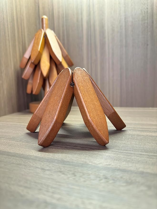 Wooden Trivets for Hot Dishes Mat Coasters Pot Plate Bowl Teapot for Kitchen Natural Foldable Stackable Christmas Tree Black Walnut Set of 4