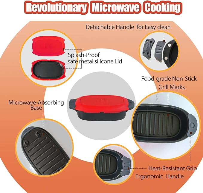 Quick-Heat Microwave Grill Pan & Bacon Cooker | The Perfect Kitchen Addition for Single Servings & Fast Family Sides.Compact Multi-Use Microwave Cookware with Lid for Chicken, Veggies,Pancakes | Dishwasher Safe,Portable for Kitchen, RV, Dorm, Office(Red)