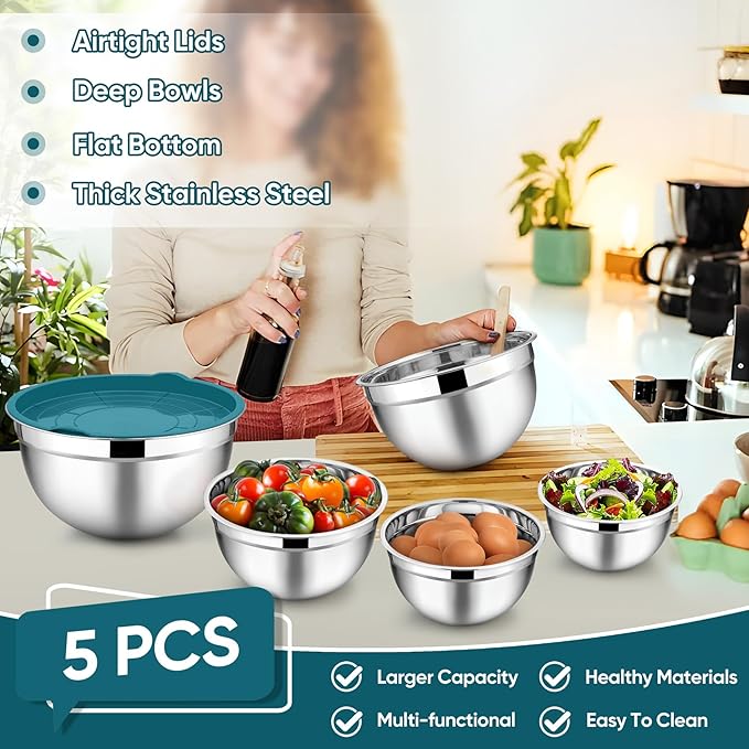 TeamFar Mixing Bowl Set of 5, Stainless Steel 4.5/3/1.5/1/0.7 QT Metal Nesting Salad Bowls with Lids, Ideal for Mixing Serving Tossing, Non-Toxic & Sturdy, Airtight Lid & Easy Clean, Blue