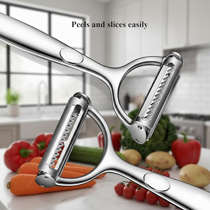 Stainless Steel Peeler and Shredder. With durable, rust-resistant steel blades and a comfortable handle, this multi-purpose tool helps you peel carrots, potatoes, and fruits faster (1 pcs).
