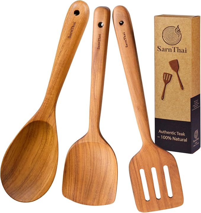 SarnThai Premium Teak Kitchen Utensil Set – 3 Piece Handmade Wooden Spatula & Spoon, Eco-Friendly Teak Cooking Tools for Nonstick Pans, Wooden Spoons for Cooking