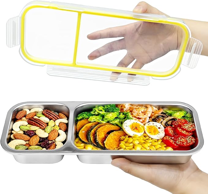 Stainless Steel Snack Containers with Lids, 2 Compartment Snackle Box Airtight Leakproof, Reusable Bento Box Food Storage Containers for Lunch Travel Picnics Office