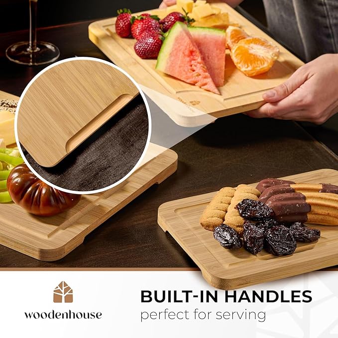 Bamboo Cutting Board Set of 3 with Holder – Durable Wooden Boards for Kitchen, Chopping & Serving – Eco-Friendly by Woodenhouse