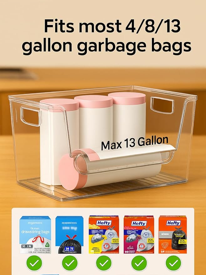 2 Set Pantry Organizers, Storage,Bamboo Lids with Removable Drain Trays, Stackable Clear Bins for Potato, Onion, Vegetables, Fruit, Trash Bag Dispenser, Under Sink Organizer for 4-13 Gal Bags