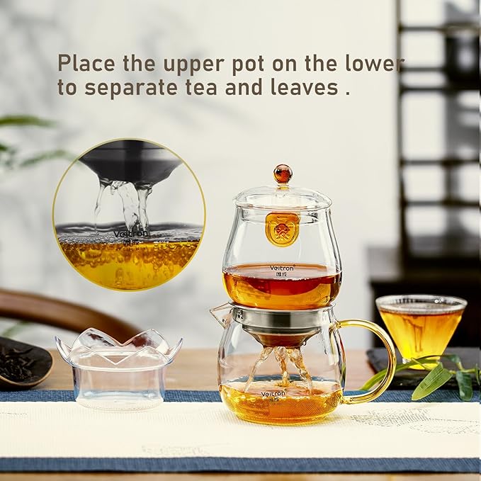 Easy to Soak Tea Pot, Total 560ml (18.94 oz) Glass Teapot with Base, Tea and Water Separation Magic Teapot for Stovetop, Home, Office or Solo Tea Drinking