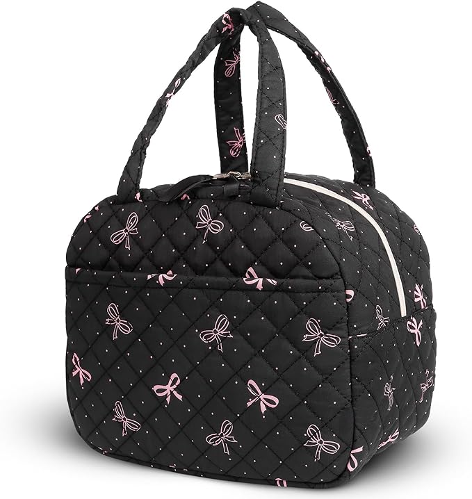 Quilted Lunch Box for Women,Lunch Box for Teen Girls,Cute Black Bow Lunch Bags for Work, School,Office,Picnic,Travel (black bow polka dots)