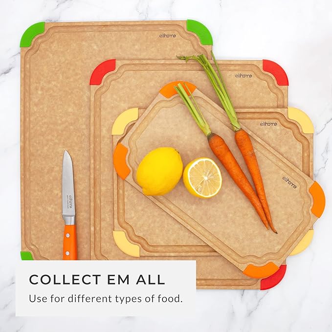 Elihome Premium Series Color Code Wood Fiber Dishwasher Safe Cutting board for Kitchen, Made in USA, Food Icon, Juice Grooves, Non-Porous, Non-slip Feet,Large 16" x 12"