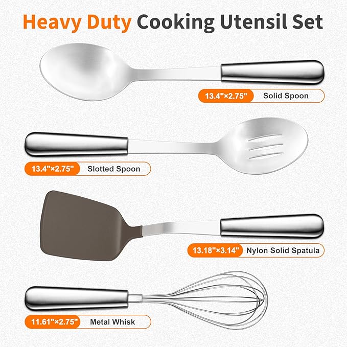 Stainless Steel Cooking Utensils Set, 4-piece Kitchen Utensil Set with Stainless Steel Handles, Dishwasher Safe, Non-Stick and Heat Resistant, Whisk, Spoons, Spatula for Cooking -JJ02629