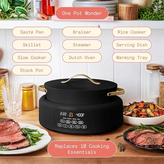Beautiful 10-in-1 Electric Multi-Cooker, 6-Quart, Digital Display, Non-Stick Pot, One-Touch Control, 10 Cooking Functions (Black)