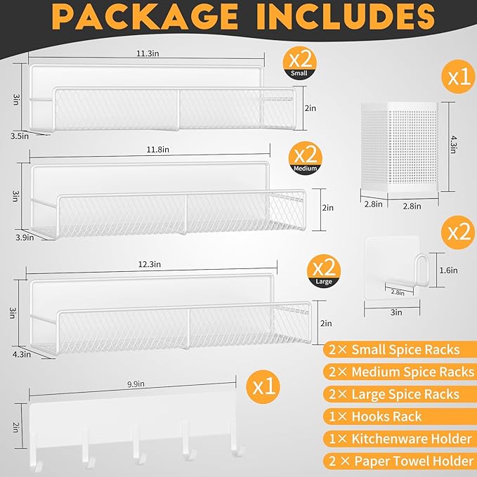 Magnetic Spice Rack for Refrigerator, 10 Pack 100% Metal Strong Magnet Shelf, Moveable Spice Organizer W/ Adjustable Paper Towel Holder, Hook Rack & Utensil Caddy, Home Kitchen Laundry Storage, White