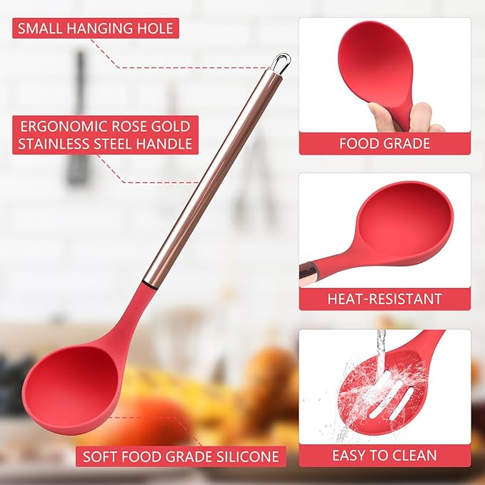 Red Kitchen Utensil Set with Holder, 22 Pcs Silicone Cooking Utensils Set for Nonstick Cookware, Heat Resistance Spatula Set, Stainless Steel Handle Kitchen Gadgets Utensils Set
