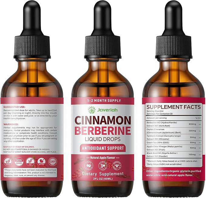 Berberine Drops with Ceylon Cinnamon Bitter Supplement,Berberine HCL Liquid Drops with Turmeric,Green Tea,Apple Cider Vinegar,Black Seed Oil for Overall Support & Digestive System 4 FL OZ 2 Pack