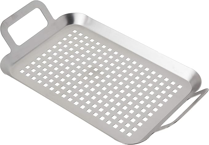 TableCraft BBQ137 Grilling Pan with Handles, Stainless Steel Tray for Outdoor Barbecues, Use on Gas or Charcoal Grills, Even Heat Distribution, 13.5 Inch, Silver