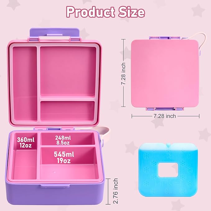 Chill Bento Lunch Box for Kids Adult with Ice Pack,Leak Proof 3 Compartments Lunch Container for Kids,Ice Pack Detachable Bento Box,BPA Free,Dishwasher & Microwave Safe-Pink Purple