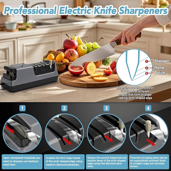 Electric Knife Sharpener 5-in-1 Kitchen Knives Sharpeners with 100% Diamond Abrasives, 3-Speed Variable with LCD Screen for Serrated Lawn Blades Edges, Scissors & Axe, Grey