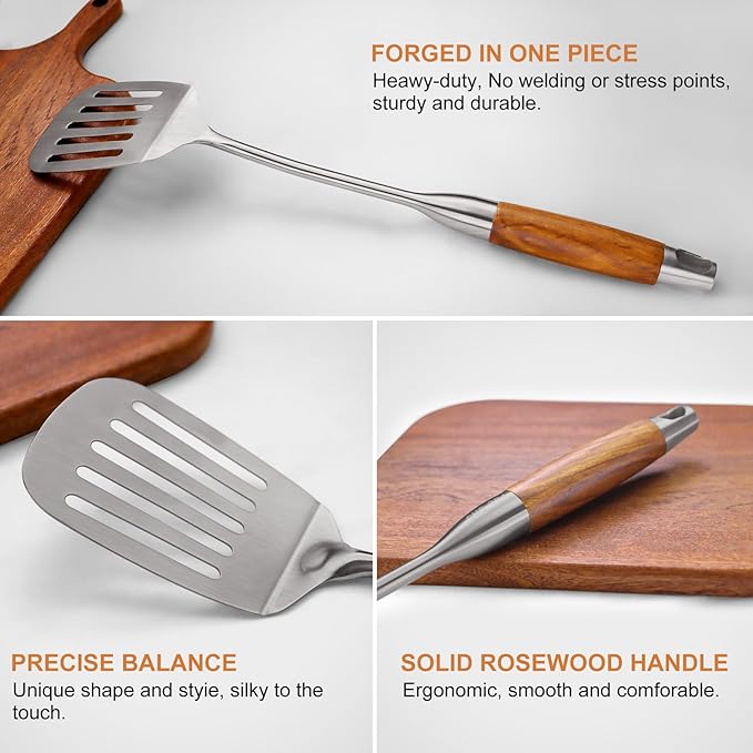 9 PCS 304 Stainless Steel Kitchen Cooking Utensils set with Wooden Handle, Metal Kitchen Utensils Set, Large Heat Resistant Wooden Handle Kitchen Tools, Stainless Steel Wok Spatula